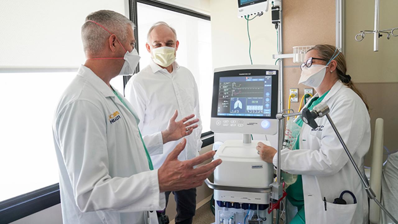 The interdisciplinary research team is using the Acute Respiratory Disease Syndrome (ARDS) –– a high-risk condition –– as a model to test their methods. left to right: Jason Adams, Thomas Strohmer and Rachael A. Callcut photographed in the MICU on the fifth floor of UC Davis hospital on April 15, 2022.