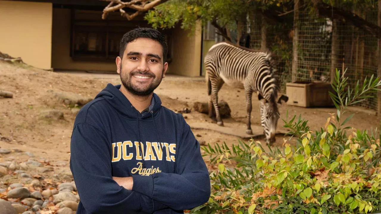 Jeevan Mann stands in front of a zebra at the Sacramento Zoo