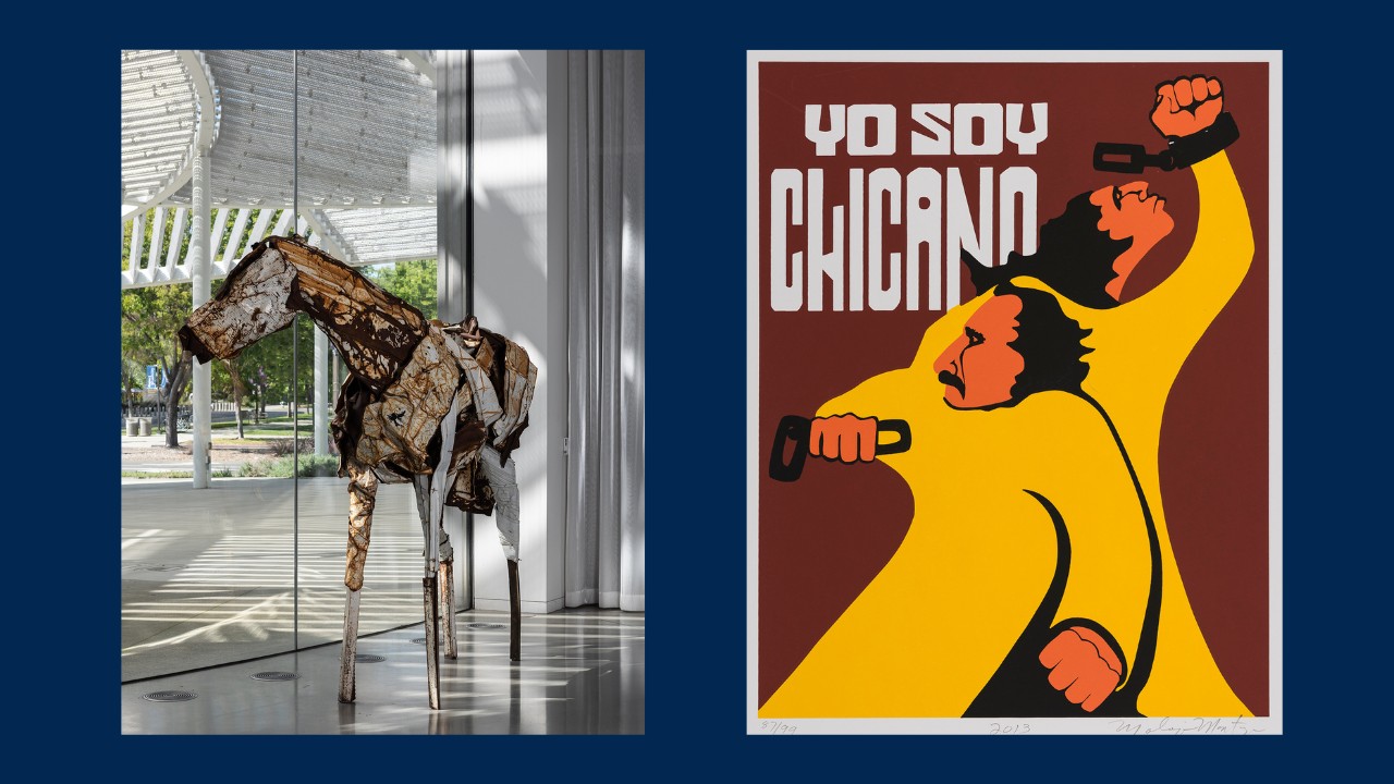 A sculpture of a horse next to a screenprint of two individuals wearing yellow and behind them are the words Yo Soy Chicano