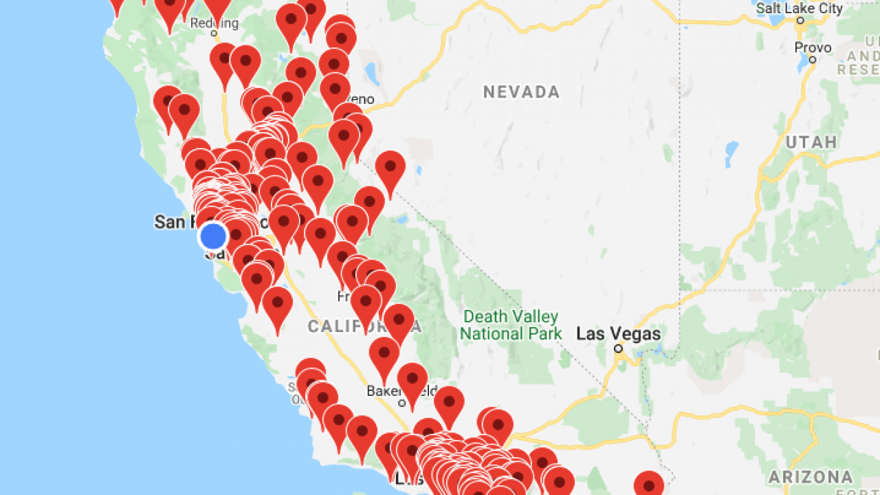 map showing covid testing spots in California. Screenshot from interactive website for locating testing sites.