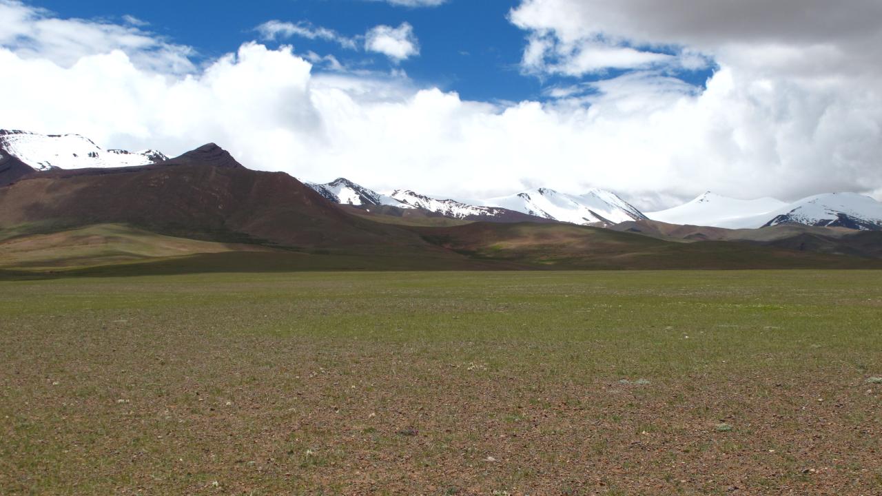 Landscape of the Tibetan plateau, with sparse vegetation in foreground, snow peaks in background and blue sky showing through white fluffy clouds