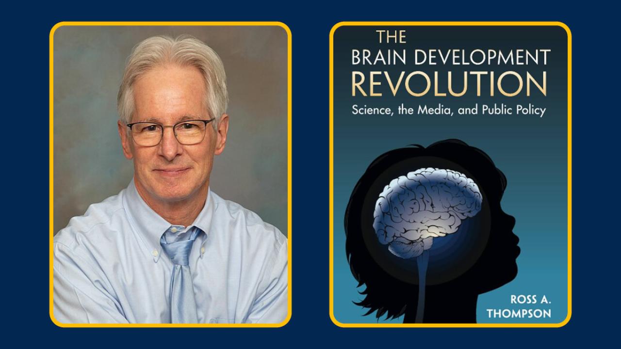 A portrait of Ross Thompson, wearing a blue shirt and tie next to a picture of his book "The Brain Development Revolution" 