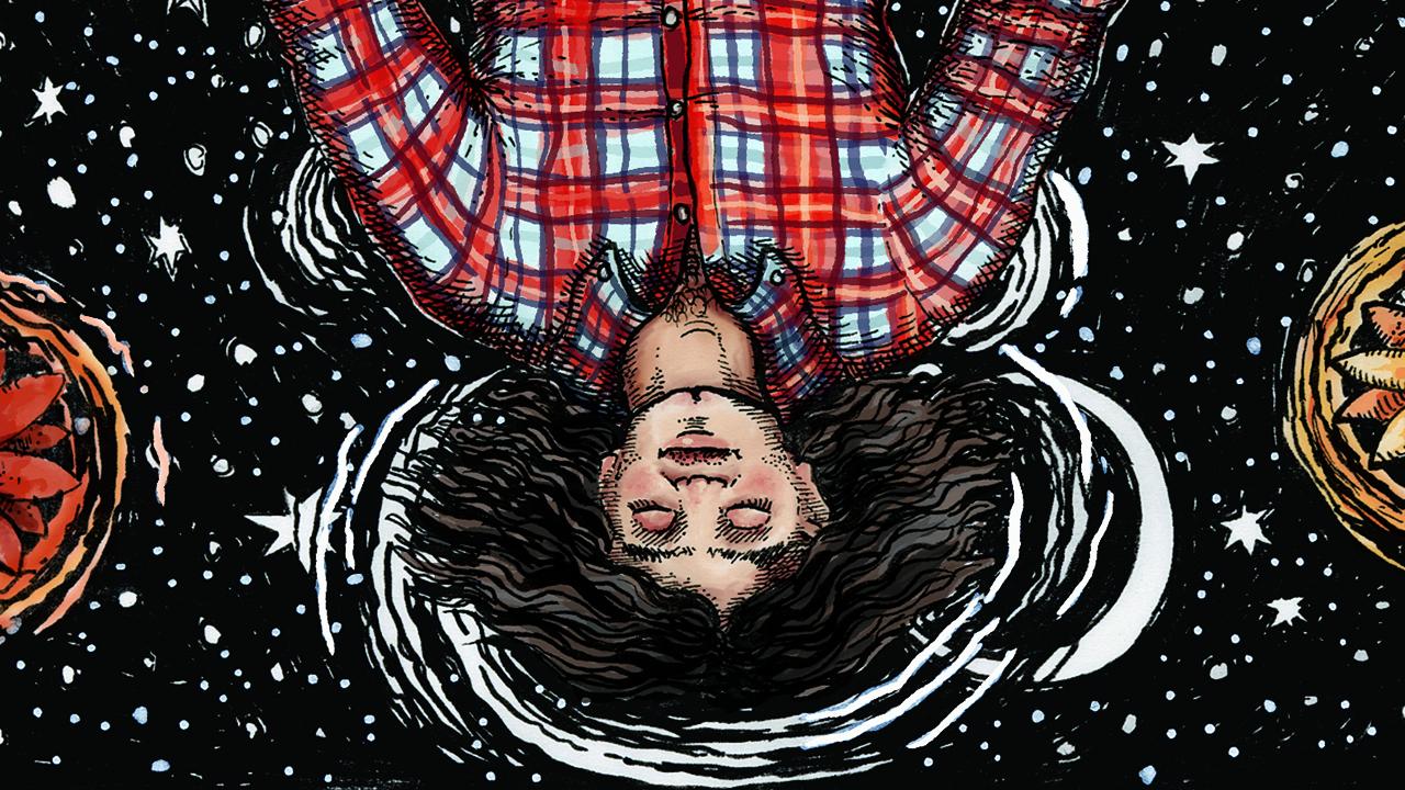 Illustration from bird's-eye view of woman's head and upper torso upside-down, eyes closed, brown hair flowing, wearing red plaid shirt, surrounded by dark space and stars