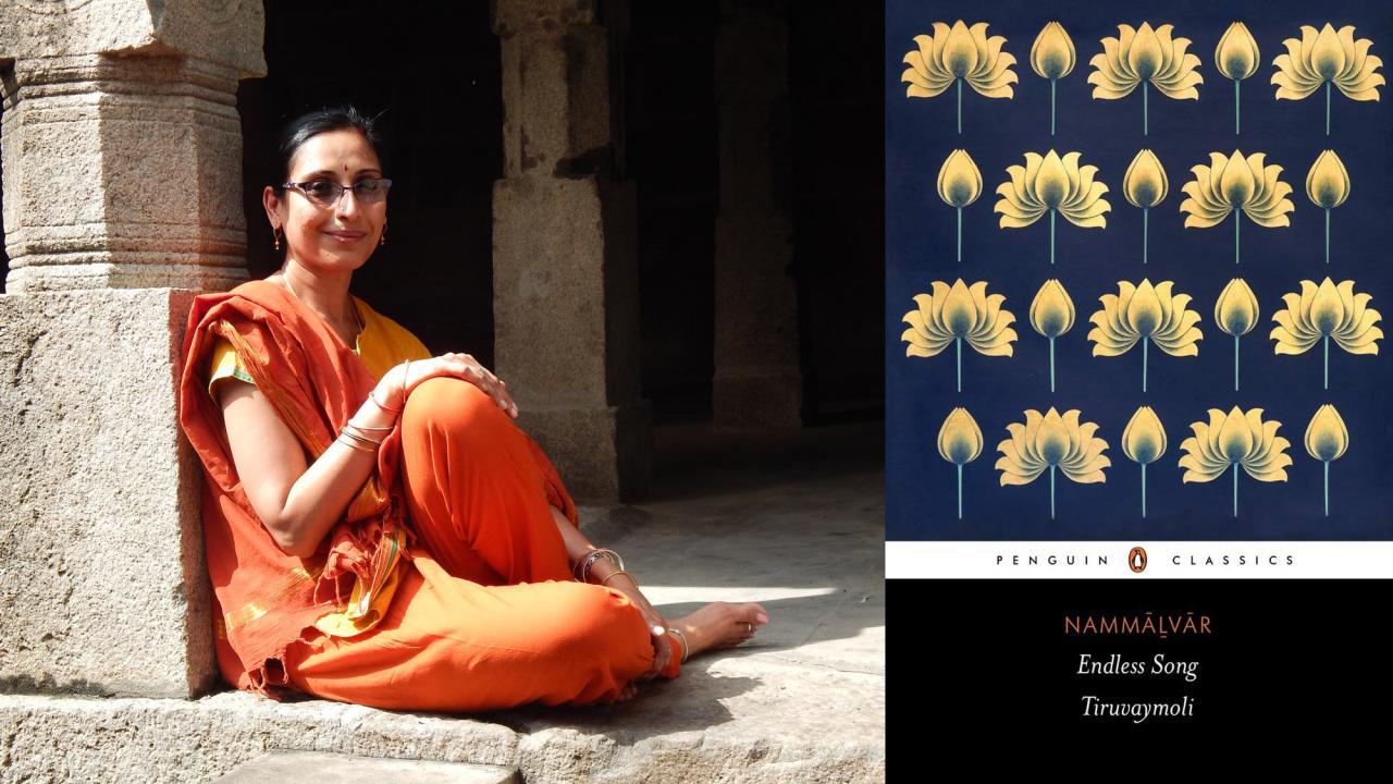  Archana Venkatesan (above) seated at a stone building in India on the leftl; right  side cover of her book with blue and gold and flower motif. 