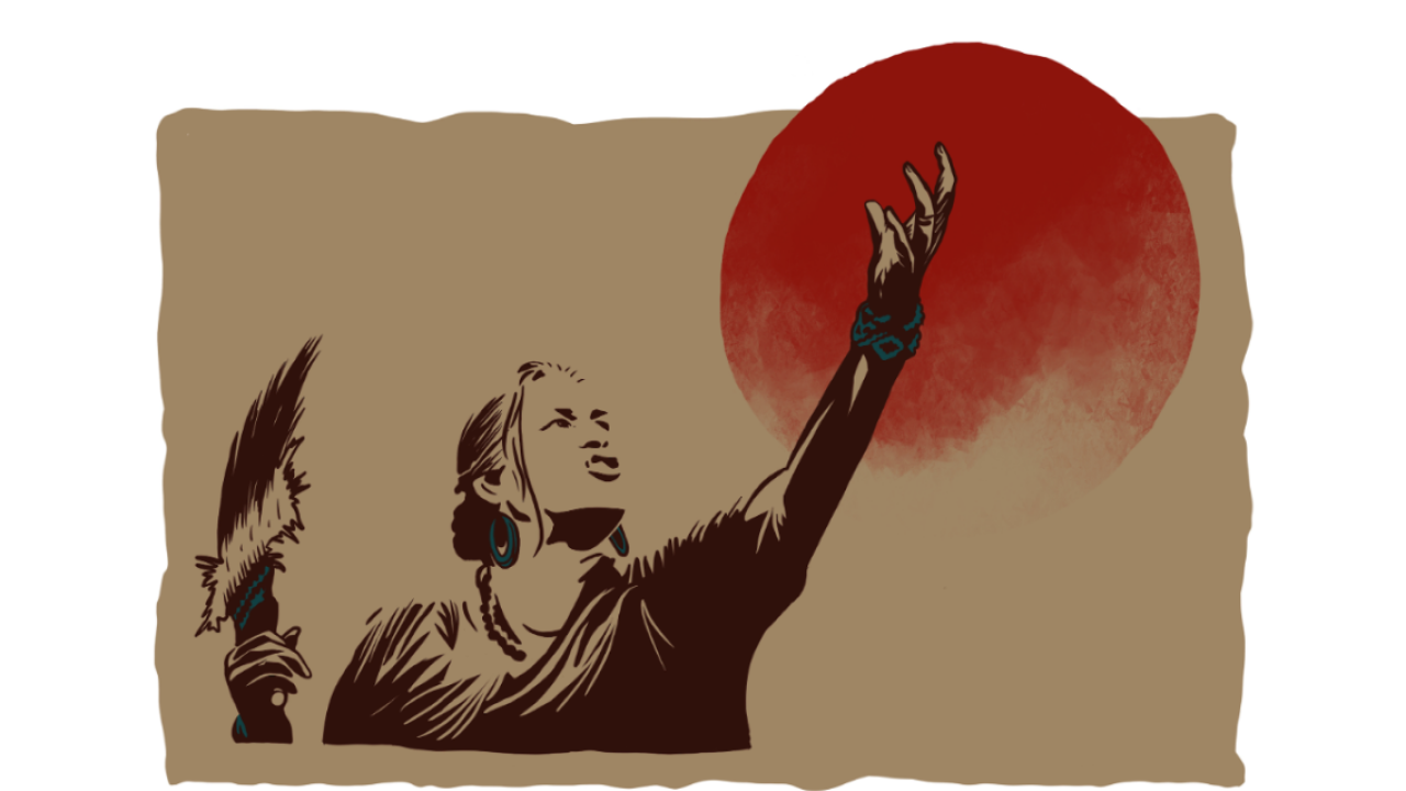 image of a woman reaching up toward a red sun with left hand with a group of feathers in her right hand. Original artwork done in the sytle of a woodblock print. 