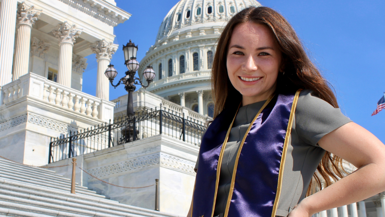 Young women with dark hair in front of UC Capitol building