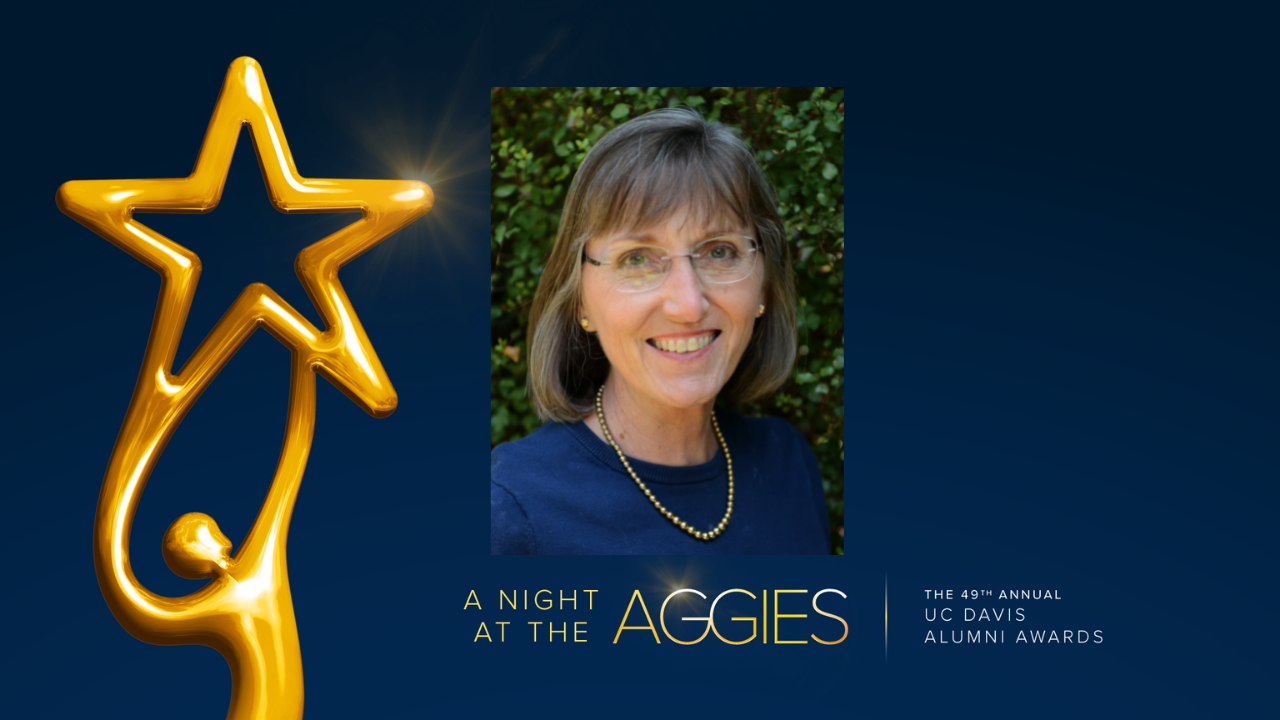 Portrait of UC Davis alumna Debby Stegura over blue background with gold statute of a human figure holding up a star, and words "A Night at the Aggies, the 49th annual UC Davis Alumni Awards