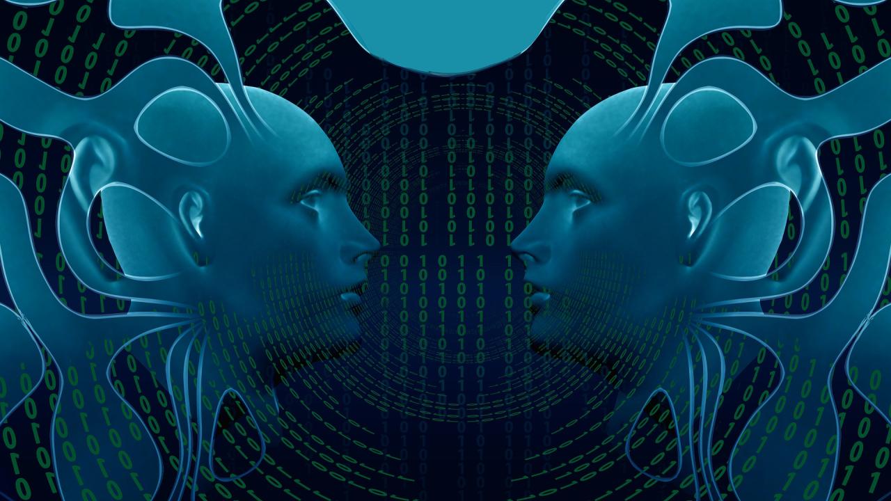 Illustration of two swirly blue heads, facing each other inside a cylinder covered in binary code: ones and zeros.