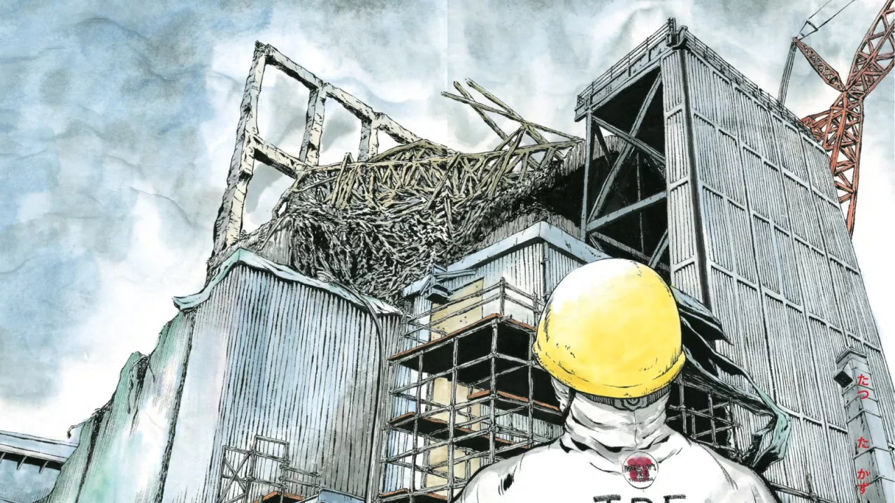 drawing showing a person wearing a yellow hardhat looking up at a damaged building