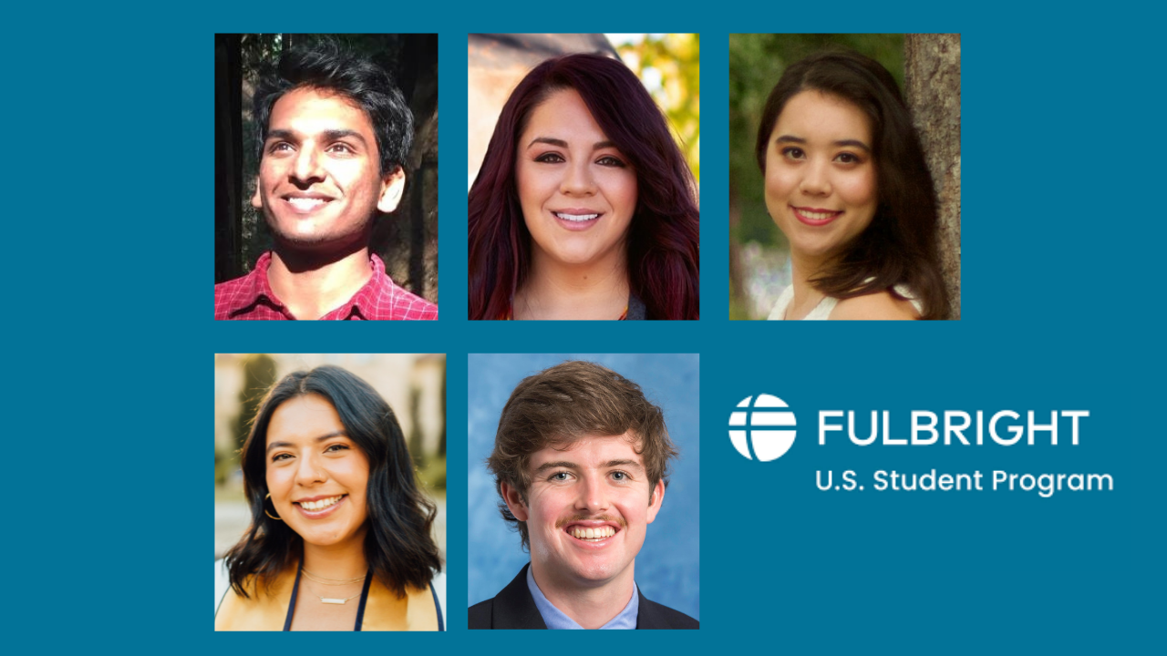 Portrait photos of three young women and two young men, and logo for Fulbright U.S. Student Program