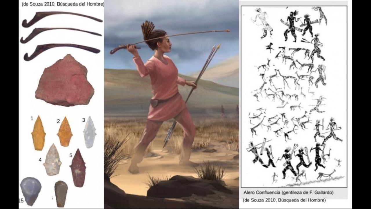 illustrations of stone tools, female hunter and ancient drawings