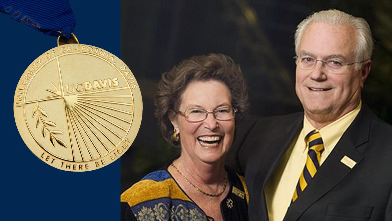 UC Davis medal and smiling alumni couple