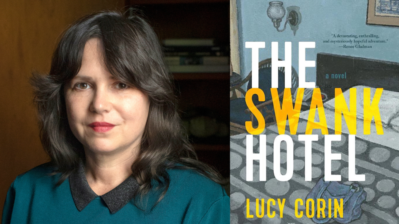 On left is a dark haired women wearing a blouse and teal cover; right is cover a book The Swank Hotel, with a drawing of a hotel room and the name of the book in white and yellow text