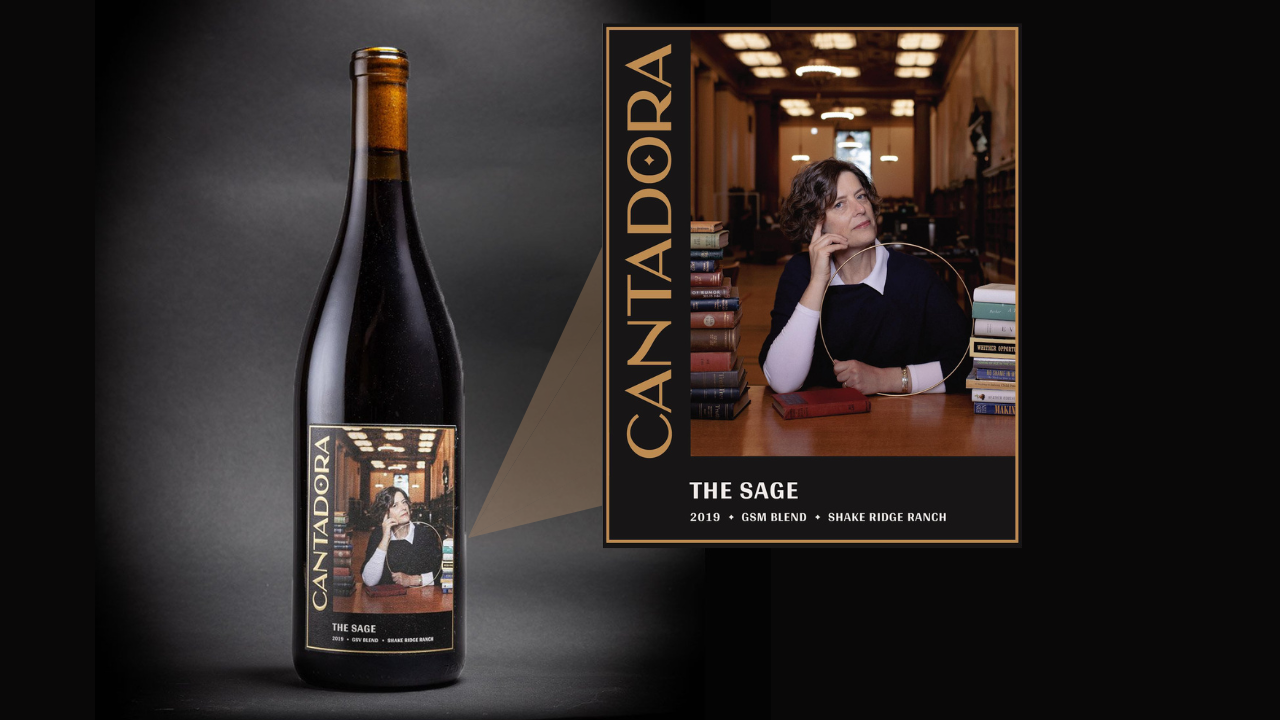 Bottle of Cantadora 2019 The Sage on left, with enlarged image, on right, of label that shows photo of UC Davis economist Marianne Page