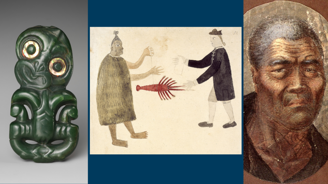 three images: left is a styzlied figure in green stone; center, simple drawing on a many wearing long clock, large lobster in red at center, man wearing 18th century naval officer uniform; right, hard of man with dark skin, uinsmilling