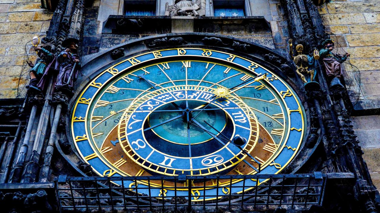 A brightly colored astronomical clock