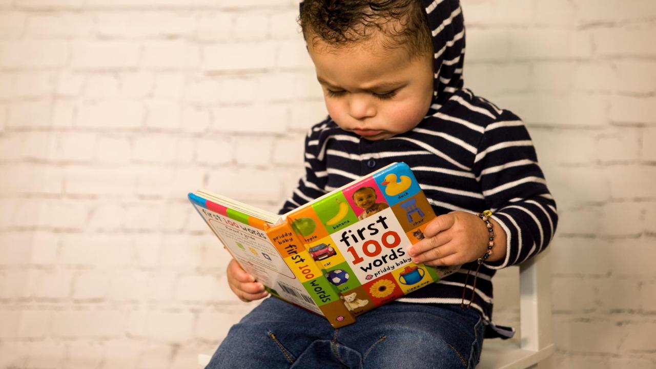 Toddler looking at board book