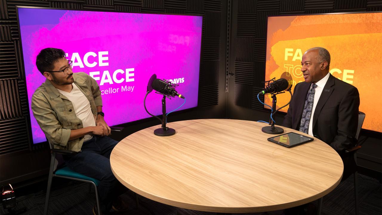 Ph.D. student and author Tom Lin is this month’s guest on Face to Face With Chancellor May. (Gregory Urquiaga/UC Davis)