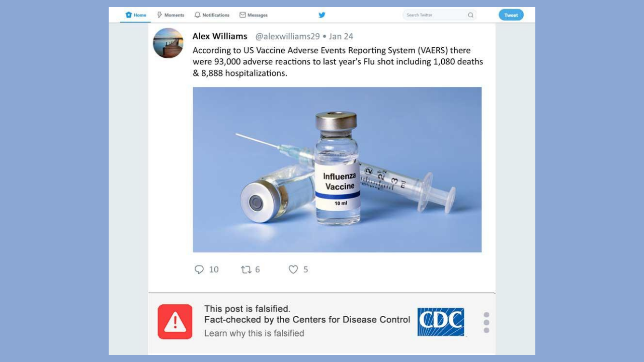 Screenshot of a Twitter post with vaccine misinformation and a "falsified" alert from the U.S. Centers for Disease Control.