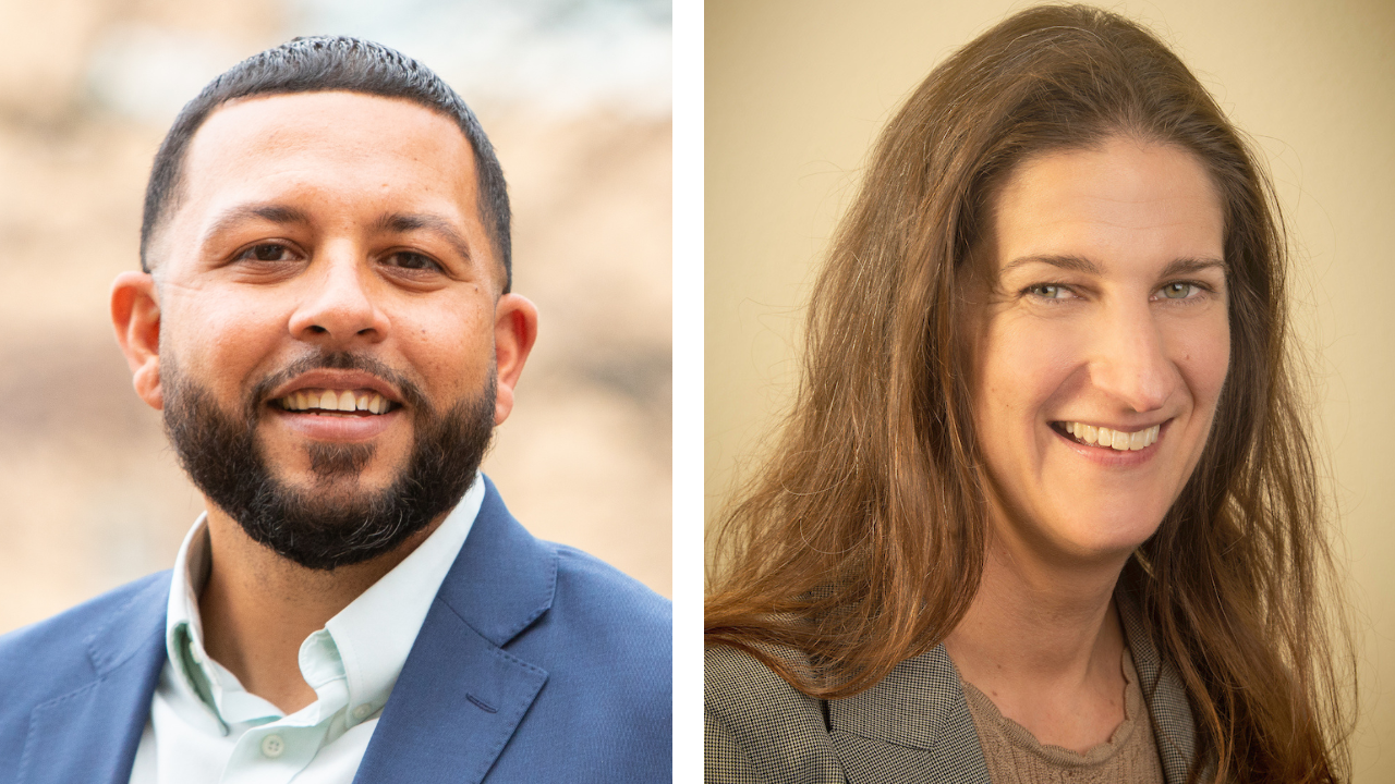 Side by side portraits of male and female professors