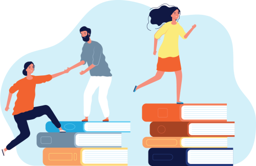 Illustration of three people climbing atop two stacks of books, the second person reaching back to give the third a hand up.