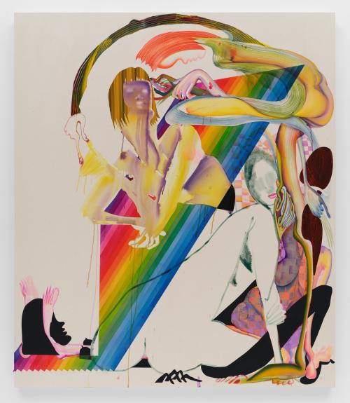 image of a painting that shows two to three human figures emerging from band of color.