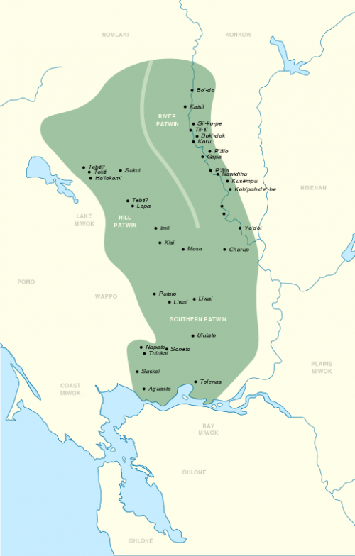 map showing region where Patwin was spoken from the eastern edge of the San Francisco Bay Area stretching east and north in the Sacramento Valley