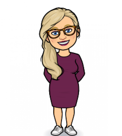 Avatar graphic of white female with long blond hair over one shoulder, wearing eyeglasses and long-sleeve dark purple dress down to knees