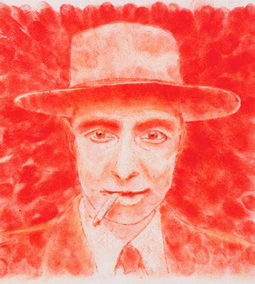 A pastel orange portrait of Robert Oppenheimer wearing a hat with a cigarette in his mouth
