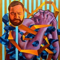 colorful painting with abstract elements and a head of male figure with beard