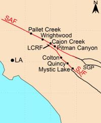 A computer illustration of the major fault lines in the area of Wrightwood, California