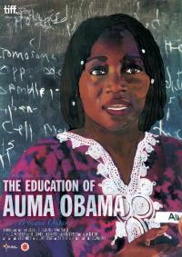 Poster/artwork of a woman with brown skin wearing a patterned purple top standing before a blackboard. The title of the film the education of Auma Obama in white letters at the bottom of the image