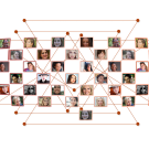 Photo montage of people's faces on rectangles over connecting lines