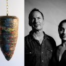 two pictures side by side. ON left clay sculptue hending on a chain. On right black and white photo of a man and woman, head and shoulder 