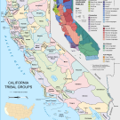 Multi colored map of California showing where Native American tribes live and a secondary map with language families spoken