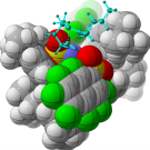 Molecular compound with molecules colored white, gray, red and green. 