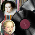 photo illustration: three circular portrait paintings stacked upevently top is a company with frilly collar, second man with beard, bottom pale women, reddish hair; set on top of a background of overlapping vinyl albums and album covers. 