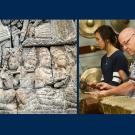 two photos side by side. ON the left is a large stone carving of a number of musicians. ON the right are three people playing Javense percussion instruments. 