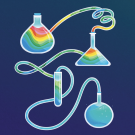 beakers filled with colorful fluid are interconnected.