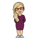 Avatar graphic of white female with long blond hair over one shoulder, wearing eyeglasses and long-sleeve dark purple dress down to knees