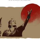 image of a woman reaching up toward a red sun with left hand with a group of feathers in her right hand. Original artwork done in the sytle of a woodblock print. 