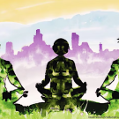 Illustration of three people, colored green and black, in seated meditation poses with landscape of purple spires and blue sky in background.