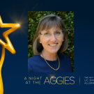 Portrait of UC Davis alumna Debby Stegura over blue background with gold statute of a human figure holding up a star, and words "A Night at the Aggies, the 49th annual UC Davis Alumni Awards