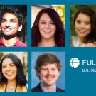 Portrait photos of three young women and two young men, and logo for Fulbright U.S. Student Program