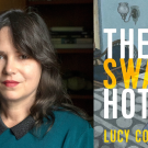 On left is a dark haired women wearing a blouse and teal cover; right is cover a book The Swank Hotel, with a drawing of a hotel room and the name of the book in white and yellow text
