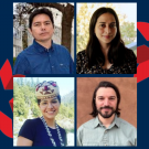 Portrait photos of four UC Davis graduate students and logo of the American Council of Learned Societies
