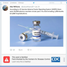 Screenshot of a Twitter post with vaccine misinformation and a "falsified" alert from the U.S. Centers for Disease Control.