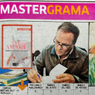 Excerpt of Spanish-language newspaper crossword puzzle "Mastergrama" with photo of UC Davis professor signing book, next to a Van Gogh self-portrait.  