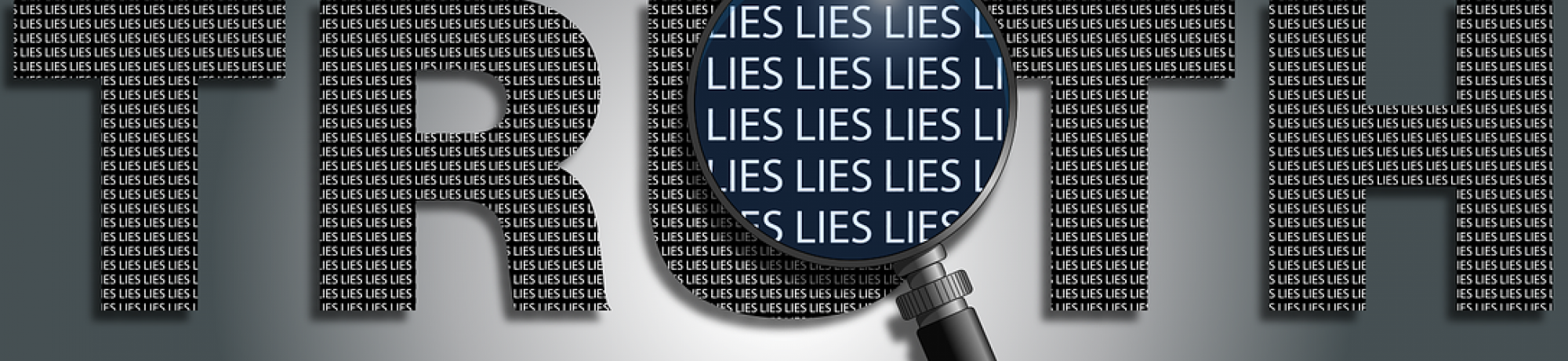 Illustration of magnifying glass that shows word Truth is made up of small words "Lies"