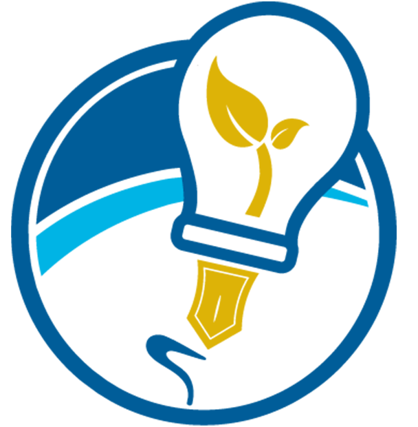 Blue and gold graphic of a light bulb with a leaf inside.